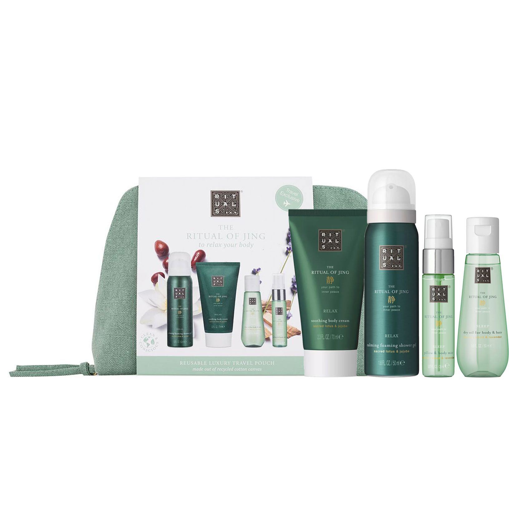 Set de ingrijire Rituals Of Jing 70ml Crema de corp+50ml Ulei uscat+20ml Spray Pillow Mist+50 ml Spuma de dus, Unisex
